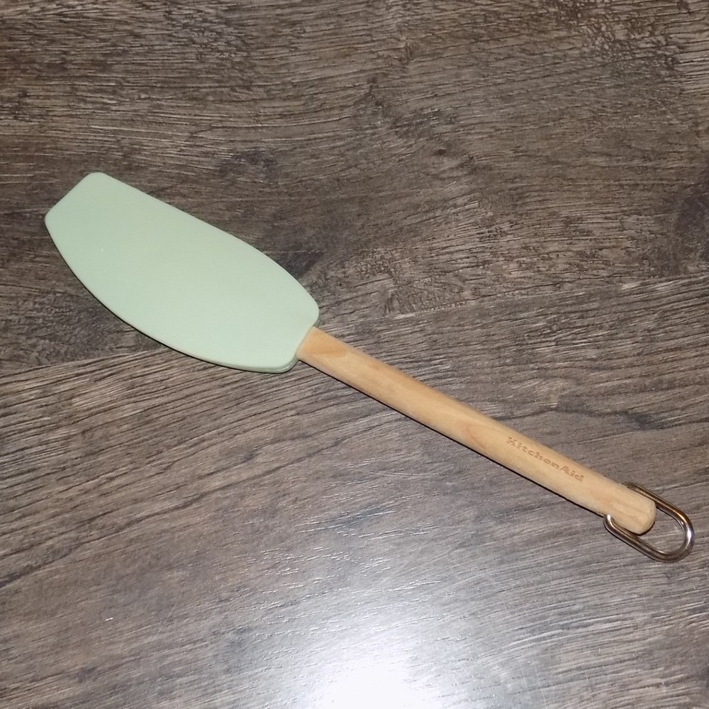 KitchenAid Silicone Spatula Kitchen Tool Green Wood Handle Hanging Loop